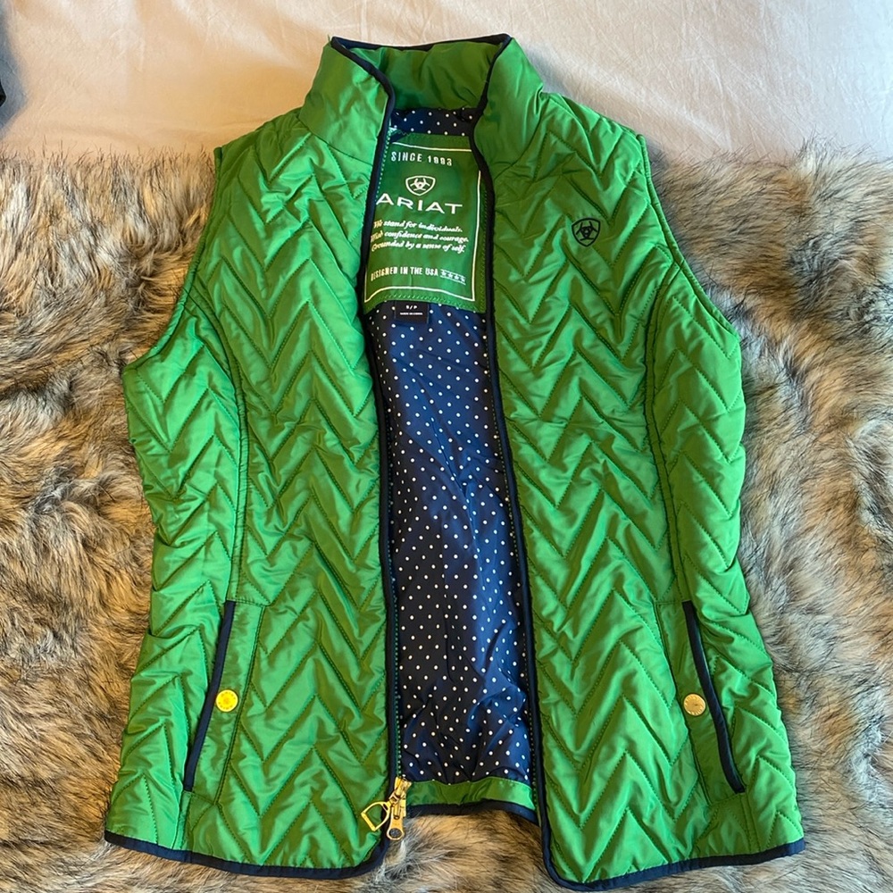 Ariat Quilted Navy Emerald Green Vest with Gold Details